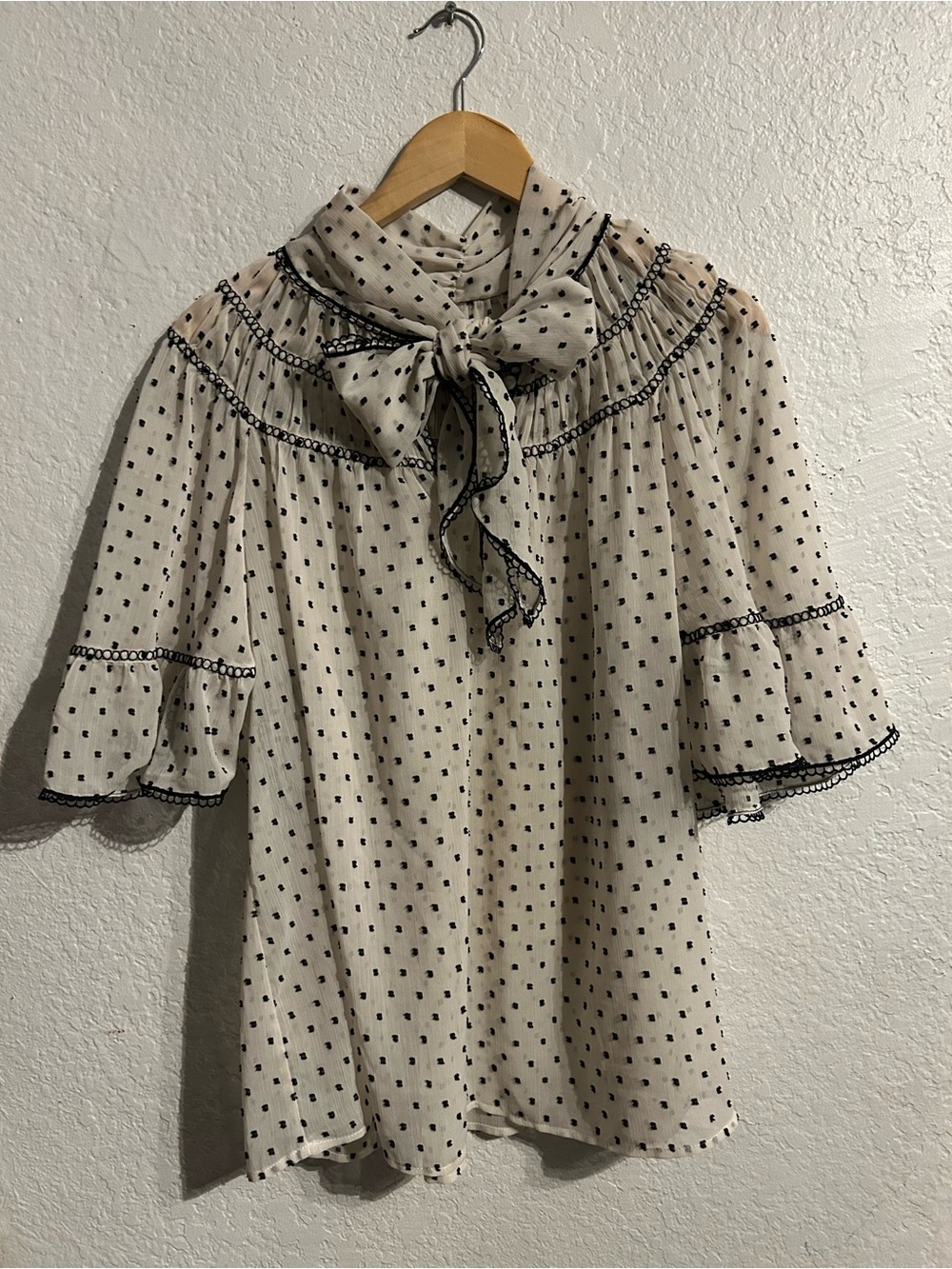 Max Studio Cream Polka Dot Tie-Neck Blouse with Black Trim